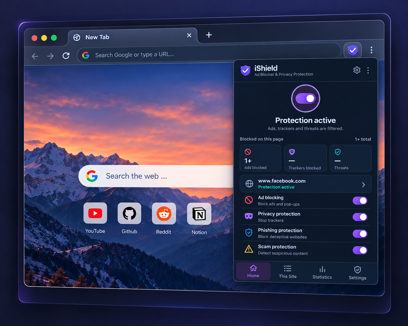 iShield dark interface showing protection controls inside a browser